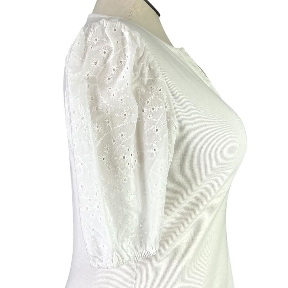 Dolan Top Womens L White Cotton Blend Eyelet Puff Sleeve V Neck Anthropologie - Picture 4 of 7